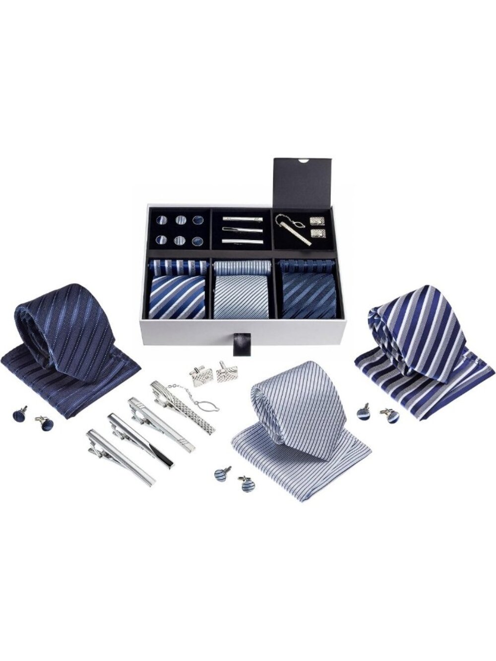 Stylish Men's Gift Tie Set | Silky Necktie, Pocket Squares, Tie Clips